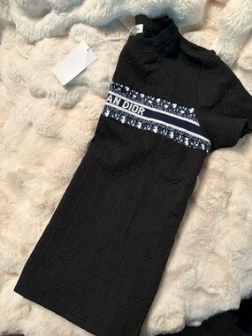 Designer Style Black Jacquard Logo Dress with Navy Stripe